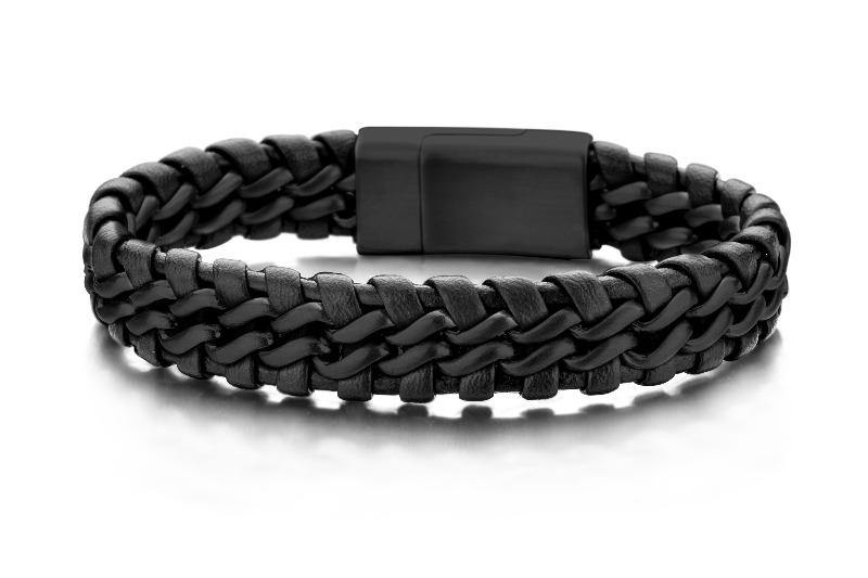 Bracelet Braided Black Leather Black & Steel  - 7FB-0044