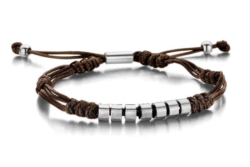 Bracelet Brown Braided Leather & Stainless Steel - 7FB-0063
