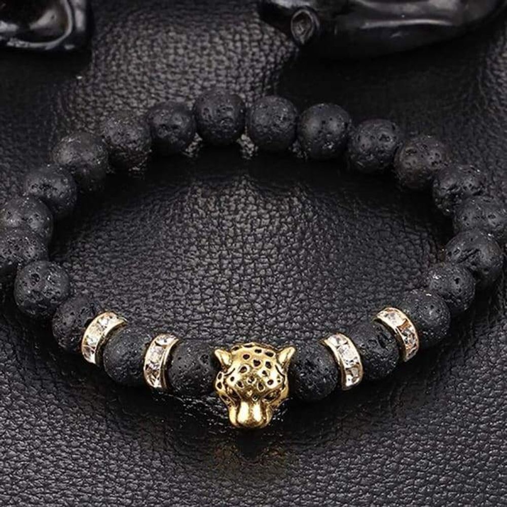 Golden Onyx Stone Leopard and Lava Stone Beads Men's Bracelet